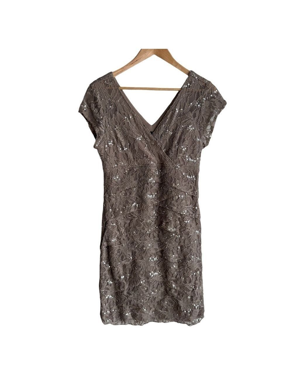 Scarlett Nite Tiered Lace Cocktail Dress Sz 12 Dusty Rose Sequin Knee Length EUC